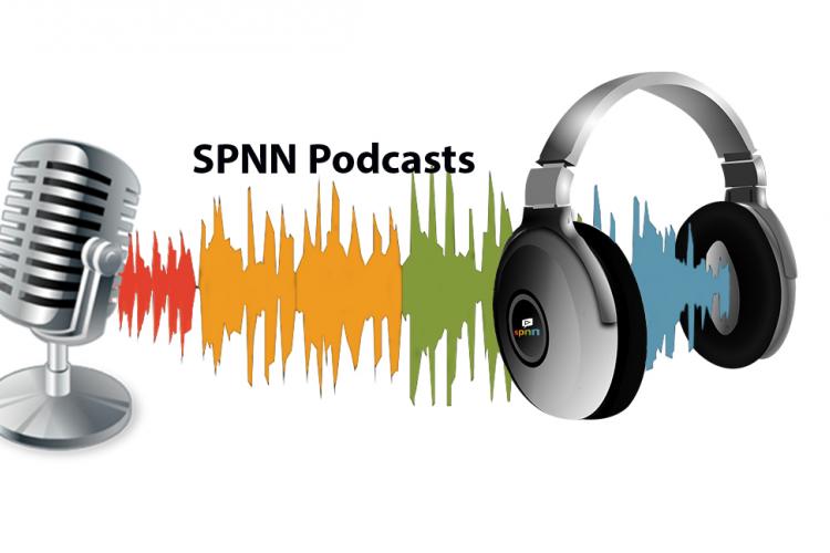 a silver old time microphone with a waveform in SPNN colors (from left to right -red, yellow, green, blue) that goes from the microphone to the headphones. Black letters above the waveform says SPNN Podcasts.