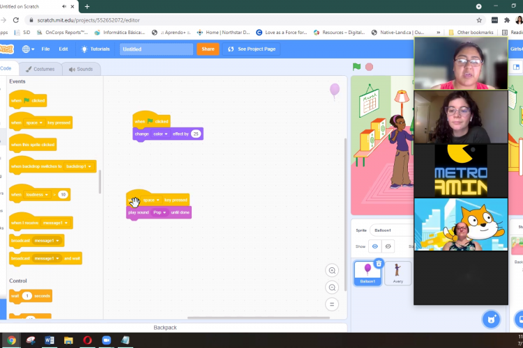 Screenshot of coding camp happening virtually via Zoom. Someone is coding in the program Scratch.