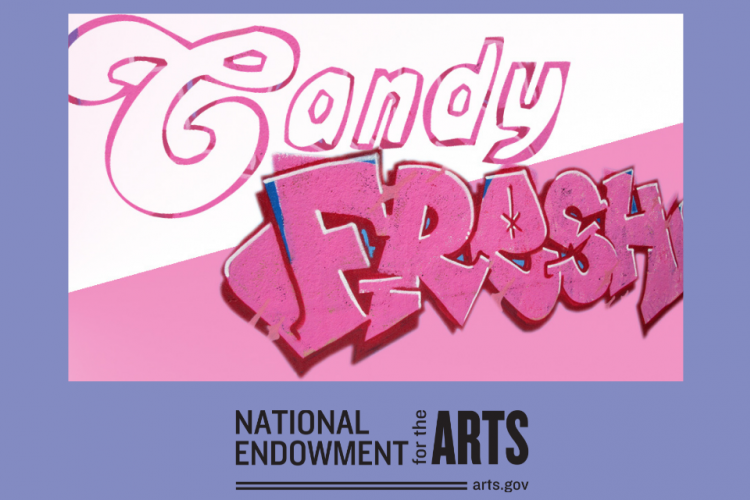 The pink Candy Fresh logo on a purple background with the National Endowment for the Arts logo underneath