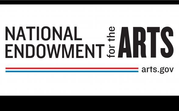 Black background with white Letters that say National Endowment for the Arts with red, white, and blue lines underneath that lead to arts.gov