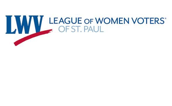 The league of women voters logo LWV with a red line under it. Off to the side is League of Women Voters of St. Paul