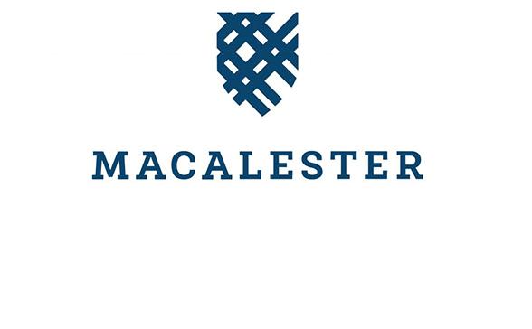 The Macalester Logo- a shield with navy blue lines crisscorssing. Macalester is written in the same blue underneath. 