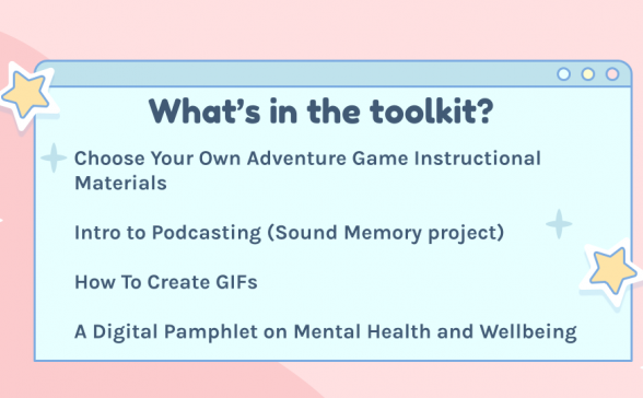 Screenshot of a powerpoint slide that lists what is in the toolkit--choose your own adventure materials, intro to podcasting, how to create gifs, digital pamphlet