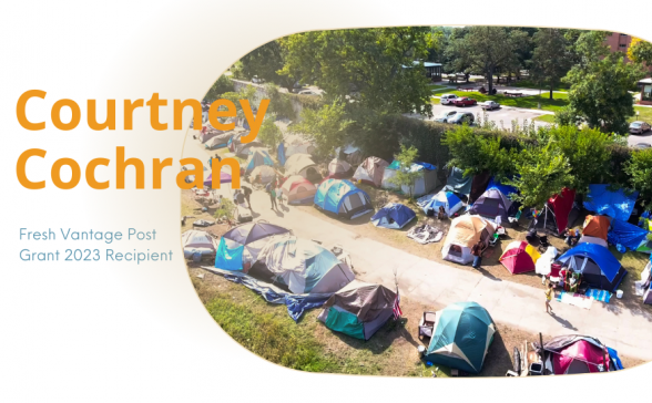 a white background with a still image from the film. Courtney Cochran in yellow letters