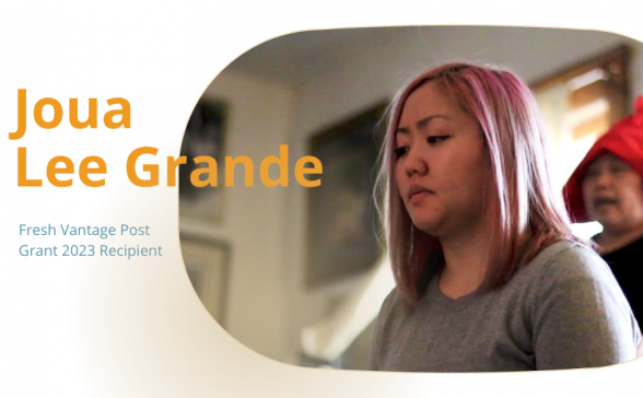 a white background with a still image from the film. Joua Lee Grande in yellow letters