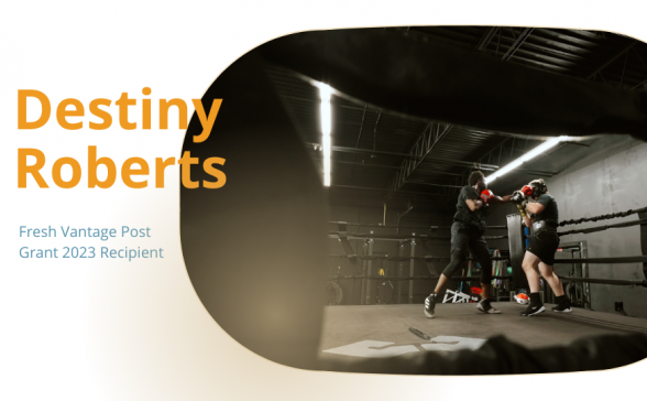 a sand colored background with a still image from the film. Destiny Roberts in White letters