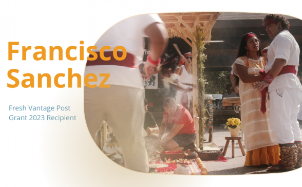 a sand ca white background with a still image from the film. Francisco Sanchez in yellow letters