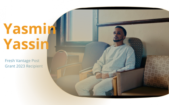 a white background with a still image from the film. Yasmin Yassin in yellow letters