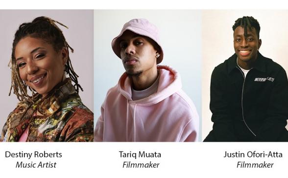 Headshots of the three artists- Left to right- Destiny Roberts, Tariq Muata, Justin Ofori-Atta