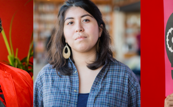 headshots of the the three artists. In red with a red background is Pedro, Gisell is in a blue checkered shirt and Luis has a Dia De Los Muertos