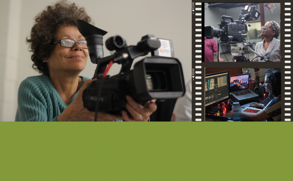 large photo of person with camera on the left. two smaller photos on the right. Top photo some one on a studio camera, lower photo someone editing