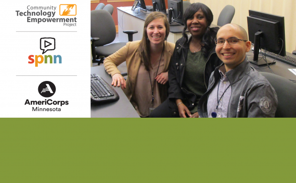 CTEP, SPNN, and AmeriCorps logo on the left side. Photo of CTEP members helping a participant on the right