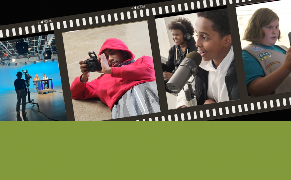 A filmstrip with four photos of youth doing different media activities. In the studio, taking photos, doing a podcast, recording a video