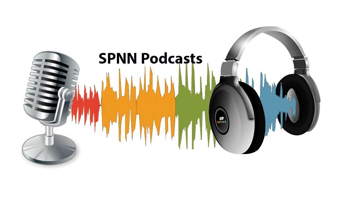 a silver old time microphone with a waveform in SPNN colors (from left to right -red, yellow, green, blue) that goes from the microphone to the headphones. Black letters above the waveform says SPNN Podcasts.