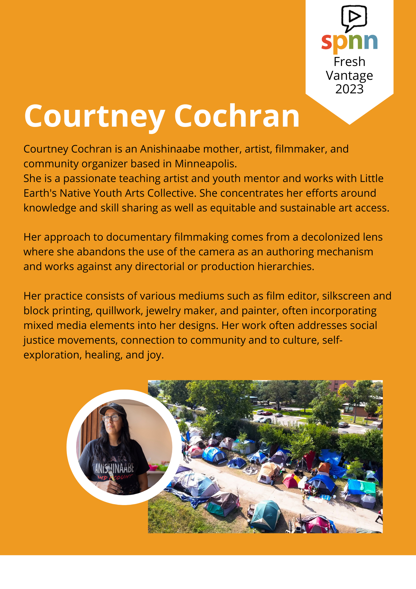 yellow-gold back ground with Courtyney's Name in white letters and her bio in black letters