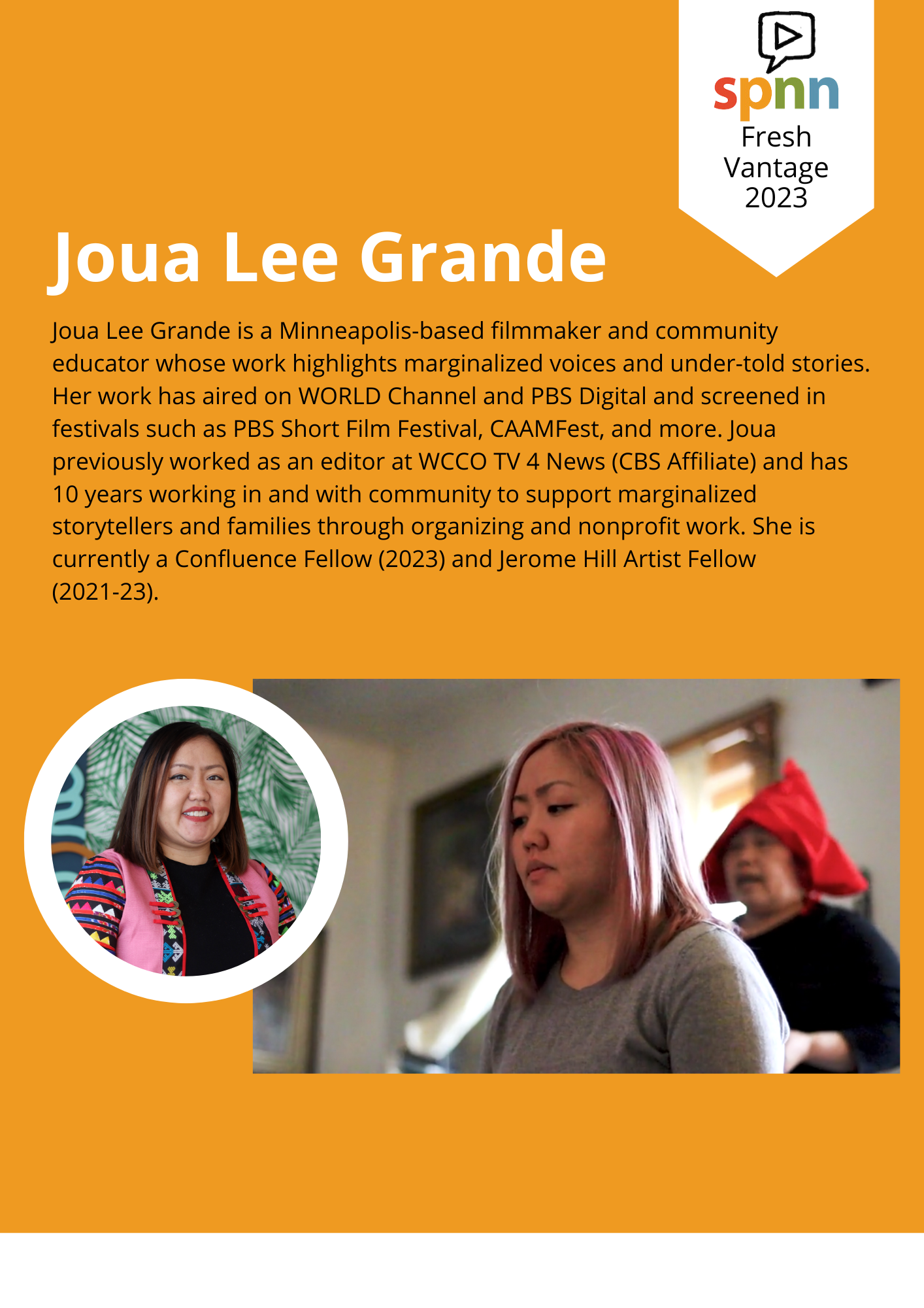 yellow-gold back ground with Joua's Name in white letters and her bio in black letters