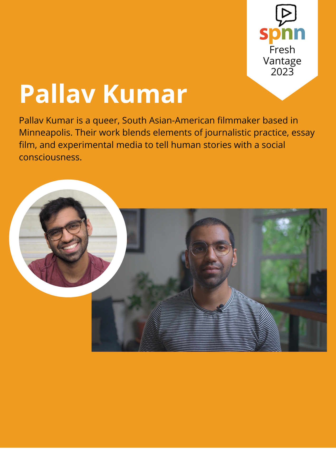 yellow-gold back ground with Pallav's Name in white letters and their bio in black letters