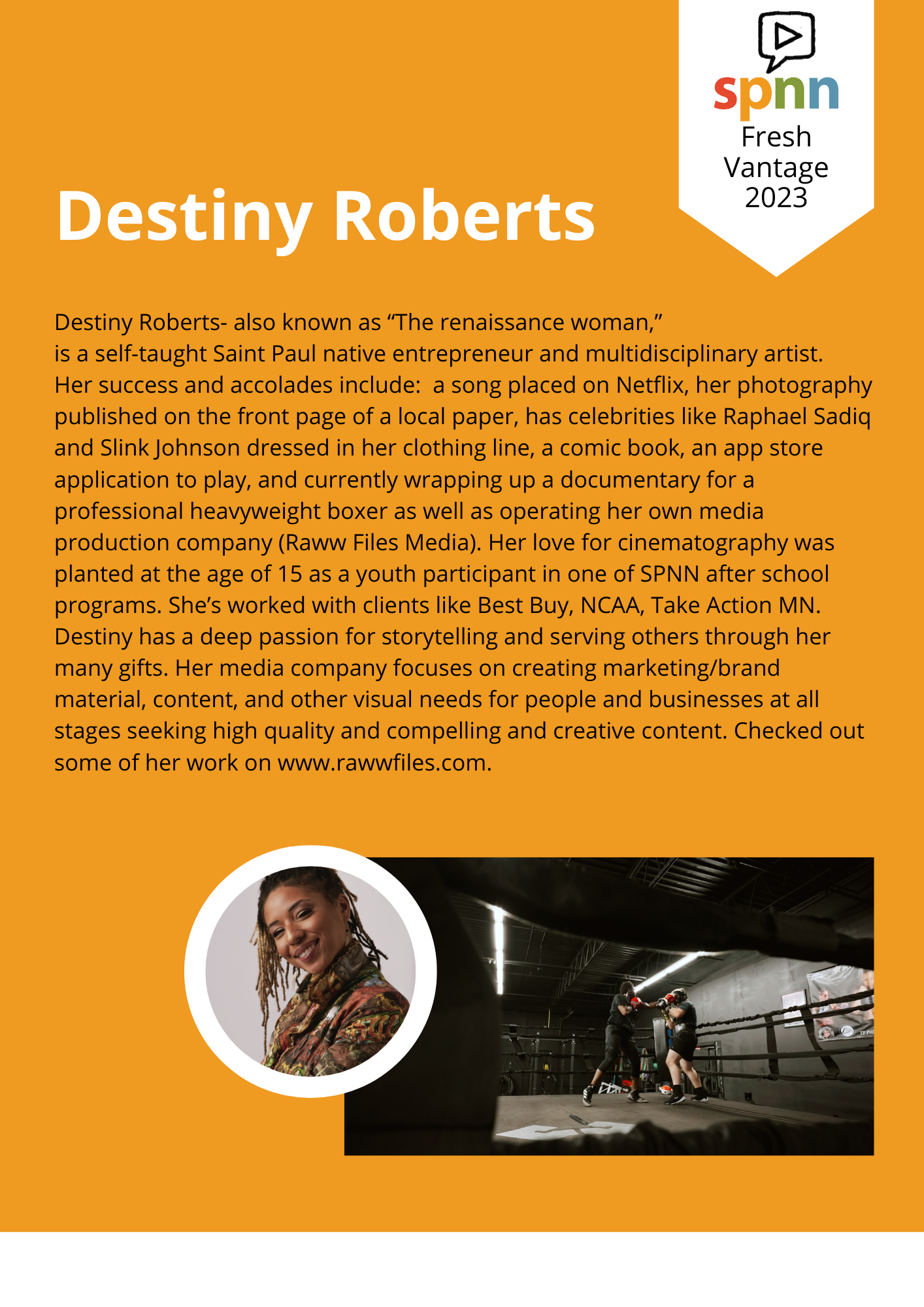 yellow-gold back ground with Desinty's Name in white letters and her bio in black letters