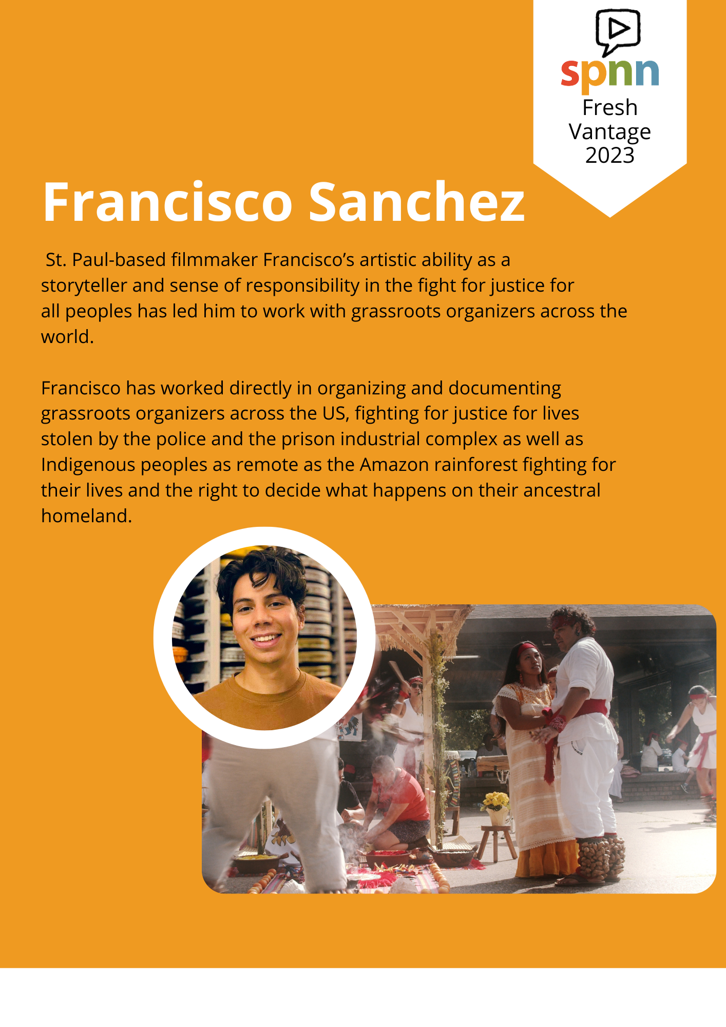 yellow-gold back ground with Francisco's Name in white letters and his bio in black letters