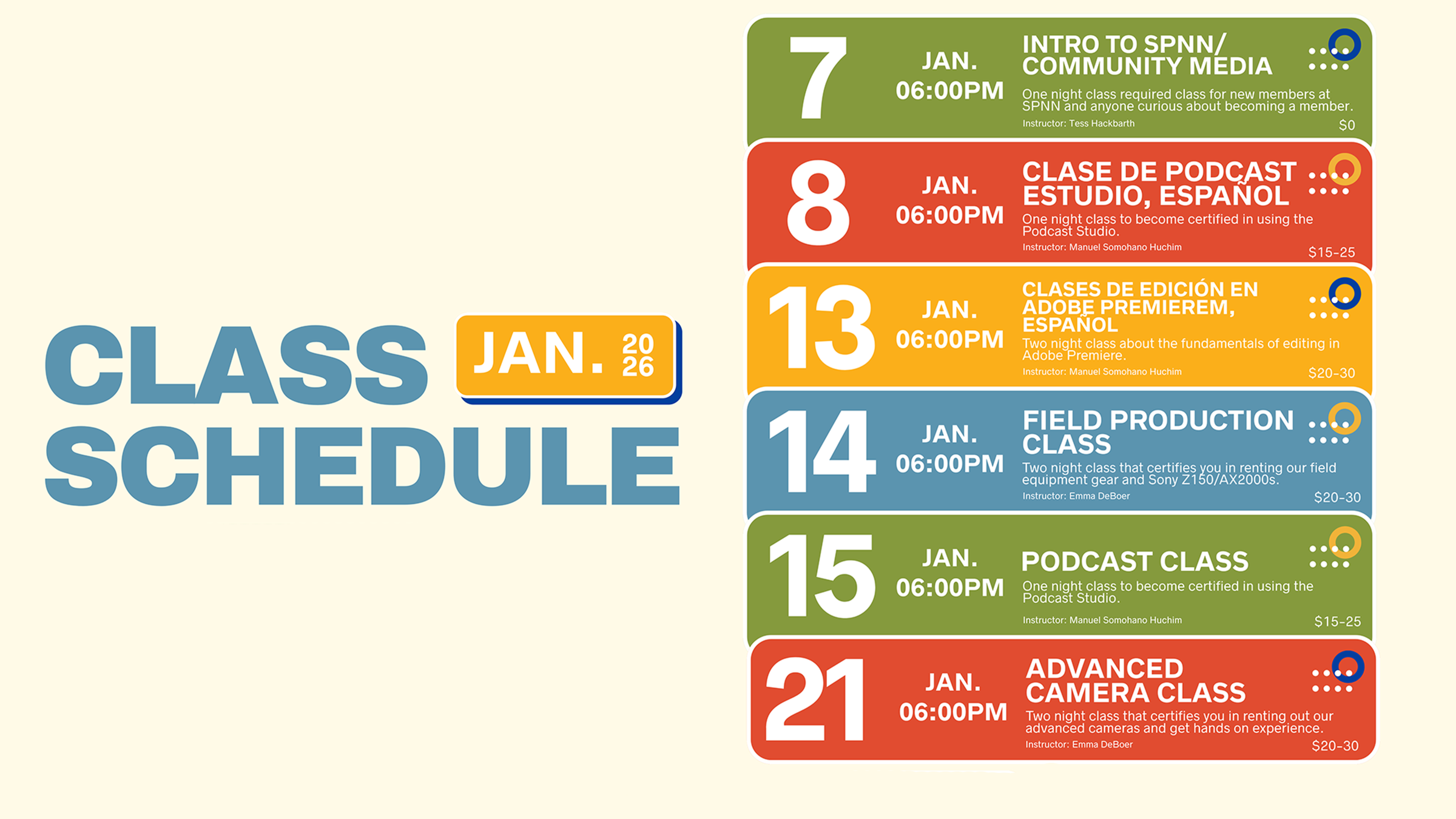 Class Schedule for 2026. Lists all the classes. You can click on events to see the full list.